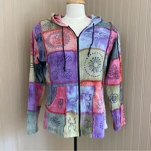Tie Dye Patchwork Colourful 100% Cotton Zip Up Hoodie Women’s Size Small